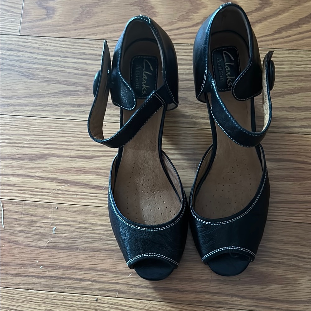 Clarks Black Heeled Sandals with Ankle Strap